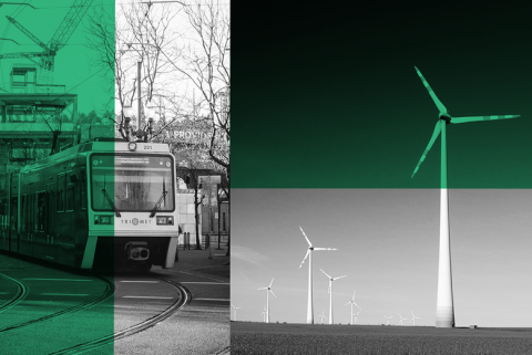 Pictures of a tram and a windmill with green and grey filters overlaid
