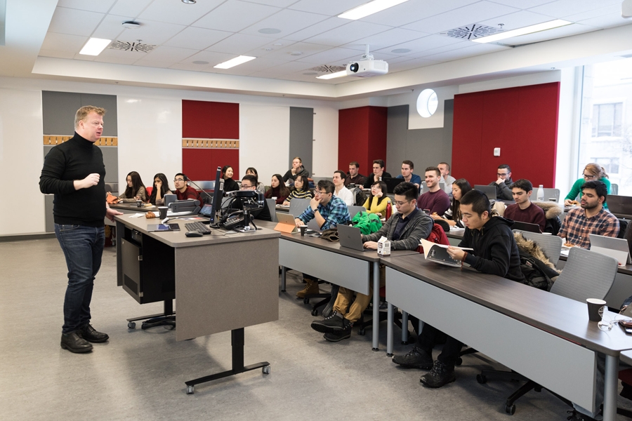Professor Jan Ericsson, Academic Director for the MMF Program, teaches the Fixed Income Theory Course in the new 45-Seat Classroom on the Second Floor of the Armstrong Building.