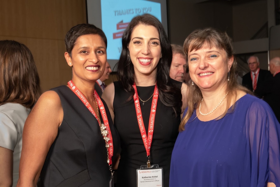 Samira Sakhia (BCom’90, MBA’01), Katherine Knitel, and Dean Isabelle Bajeux at the dinner.