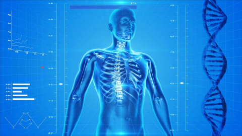 Human skeleton on virtual simulator with blue background and DNA strand on the right