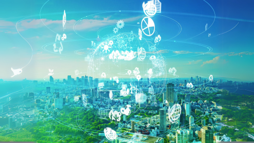 Cityscape with floating images