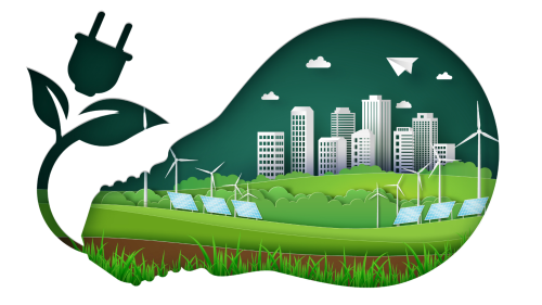 Lightbulb with windmills, buildings and solar panels inside of it