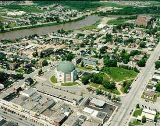 Aerial view of the town of Amos with its prominent feature; the church.
