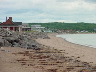 Beac with house and buildings and forest in the background.