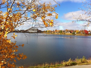 Lake during the Fall season with buildings and trees in the background.