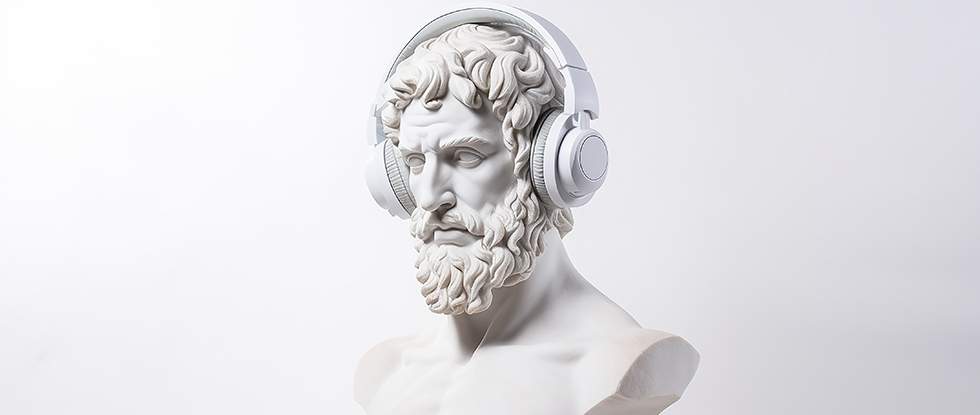 A Greek bust wearing headphones
