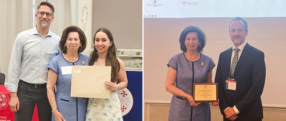 Collage of Mrs. Corrine Propas Parver presenting the awards she created.