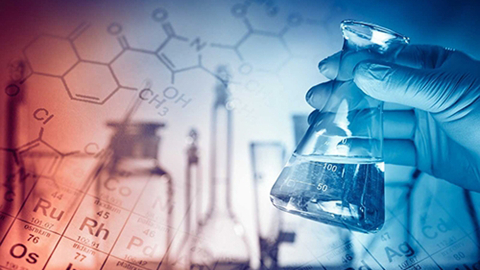 Hand with flask and pharmaceutical imagery