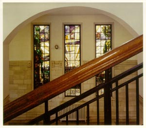 Stained glass memorial in the Strathcona Anatomy and Dentistry building commemorating three members of Medical faculty who died in World War I