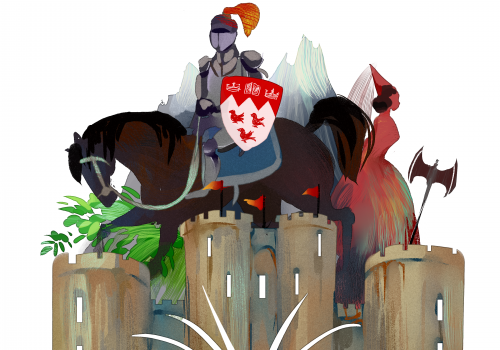 Drawing of a knight on a horse holding a shield with the McGill blazon, standing behing a castle