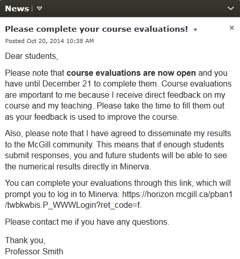 Sample news announcement to promote course evaluations