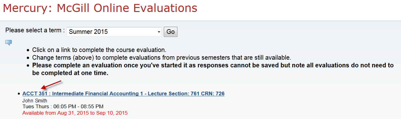 List of available course evaluations for students