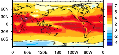  4xCO2 forcing (W m-2). The value of the forcing strongly depends on other atmospheric variables than the forcing agent itself (concentration of CO2) and thus varies geographically