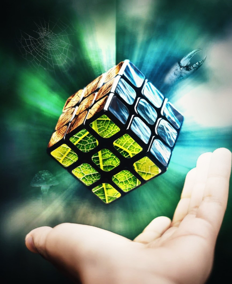 Image of a hand throwing a Rubik's cube. Each smaller cube is colored with colors of nature