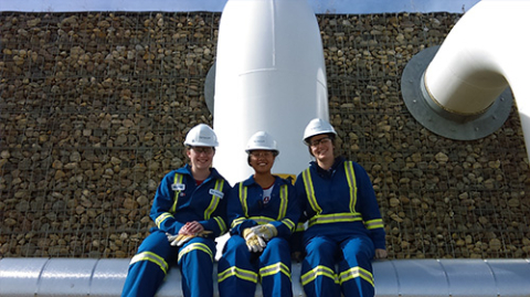 3 women in blue uniforms sitting on a pipeline