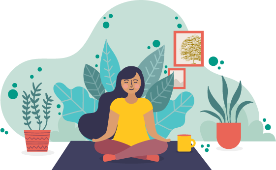 Woman seated on foot mat with legs crossed in meditation pose, a plant on each side and a mug on the right.