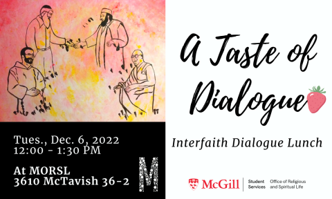 pink, yellow and black painting depicting Jewish, Muslim, Christian and Buddhist faith leaders talking