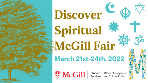 Poster for Discover Spiritual McGill fair March 21 to 24, 2022 showing MORSL logos and a variety of religious symbols