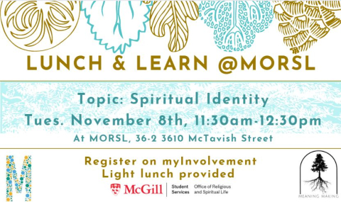 Poster for MORSL lunch and learn on the topic of spiritual identity, white background with gold and blue text