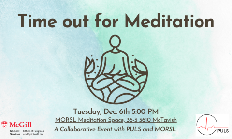 human figure meditating on lotus flowers, PULS and MORSL logo, blue and green