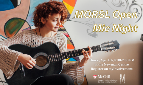 Young adult playing a guitar in front of a mural, MORSL logos