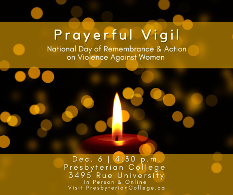Single candle flame on blurred background with text advertising the prayerful vigil on December 6