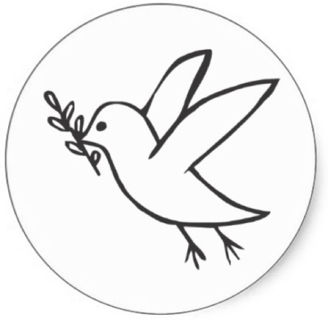 Drawing of white dove flying with olive branch in its beak.
