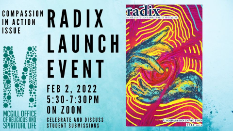 Image of fall 2021 cover of Radix magazine promoting the online launch event to be held February 2 at 5:30 pm