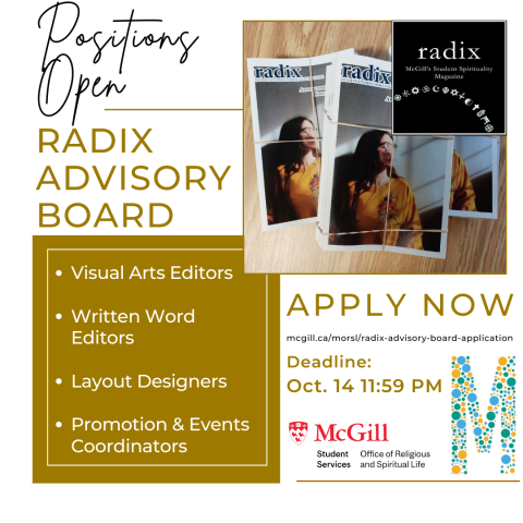 Radix advisory board poster showing photos of recent magazine issue and deadline to apply of Oct 14