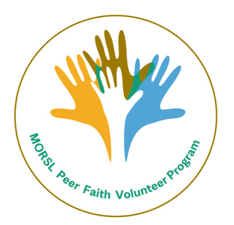 Stylized drawing of four hands in gold, blue, brown and white inside a circle with the title MORSL Peer Faith Volunteer Program