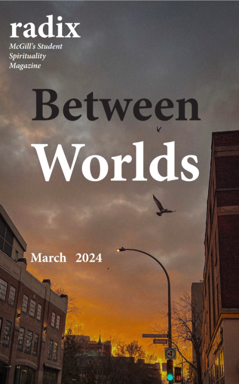 sunset, city street light, bird in sky, Radix logo "Between Worlds," March 2024