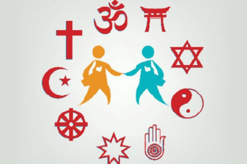 Two cartoon people holding hands while surrounded by religious symbols from various major religions