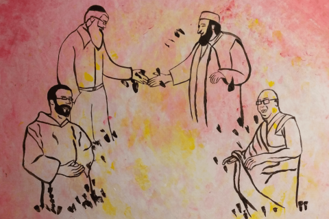 pink, yellow and black watercolor painting of 4 men of different faiths in conversation