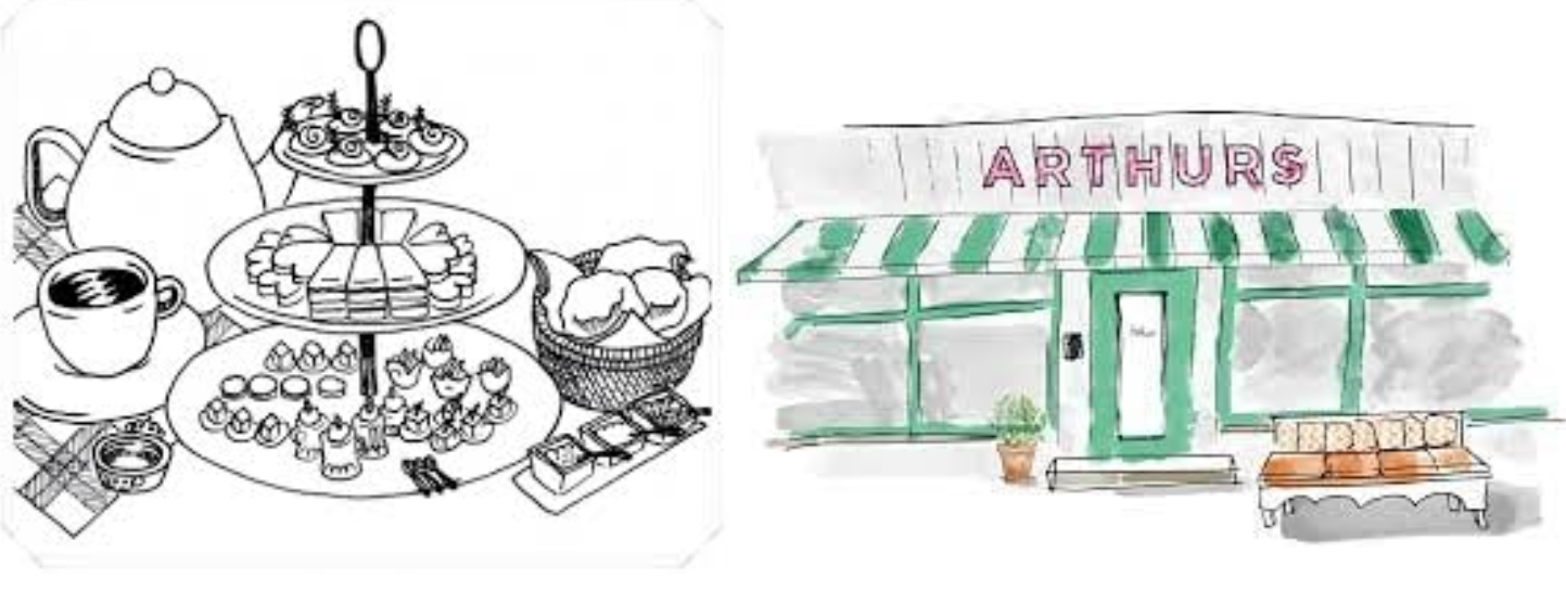 line drawing of tea set, water color painting of cafe