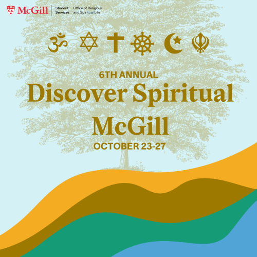 world religion symbols, gold tree and light blue background, "6th Annual Discover Spiritual McGill" in Gold Letters, yellow, gold, green and blue abstract waves