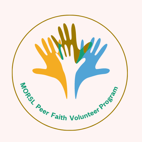 Stylized drawing of four hands in gold, blue, brown and white inside a circle with the title MORSL Peer Faith Volunteer Program