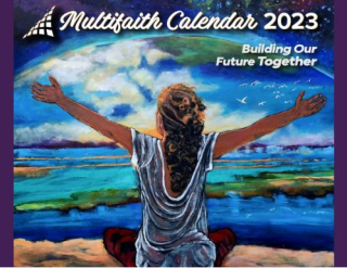Cover of 2023 multifaith print calendar showing a woman with outstretched arms looking at a waterscape, captioned building our future together