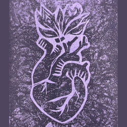 linocut of anatomical heart and spirit