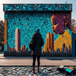 individual standing in front of mosaic wall