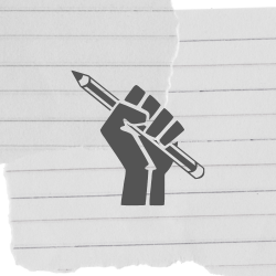 hand in fist shape holding pen over ripped lined paper