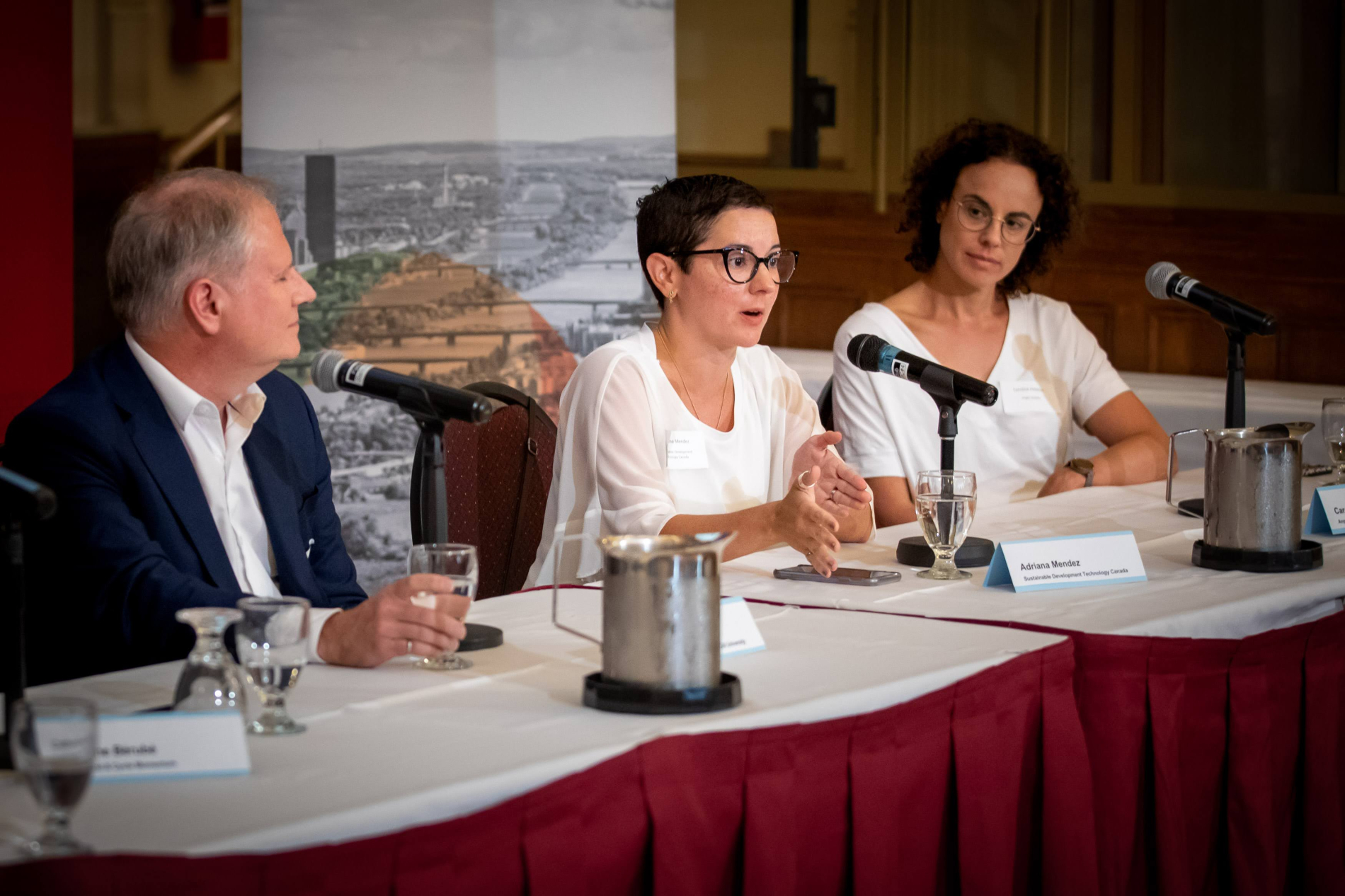 Three panelists seated at a table. The person in the centre is speaking into a microphone, while the other two watch her.