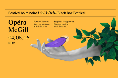 graphic for Lisl Wirth Black Box Festival with hand of statue covered with  green leaves holding a purple feather on a yellow background