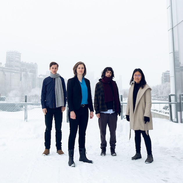 Members of the Claire Devlin Quartet standing in a snowy Old Montreal