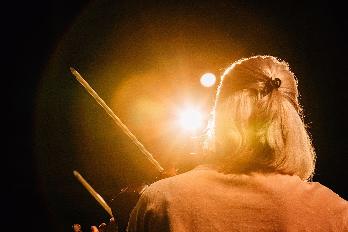 Musician holding bow instrument facing spotlight