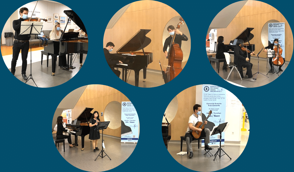 Five circles with musicians. From L to R, violin and piano, oboe and piano, double bass and piano, solo guitar, piano, violin and cello