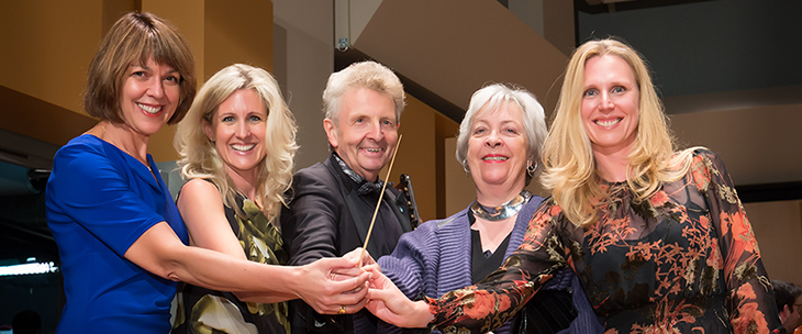 Schulich School of Music Dean Brenda Ravenscroft with Arabella Decker; Gerda Hnatyhsyn; Prof. Alexis Hauser; Ariadne Decker of the Hnatyshyn Foundation 