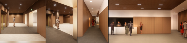 Collection of architectural rendering of renovated Pollack Hall lobby and East Lounge