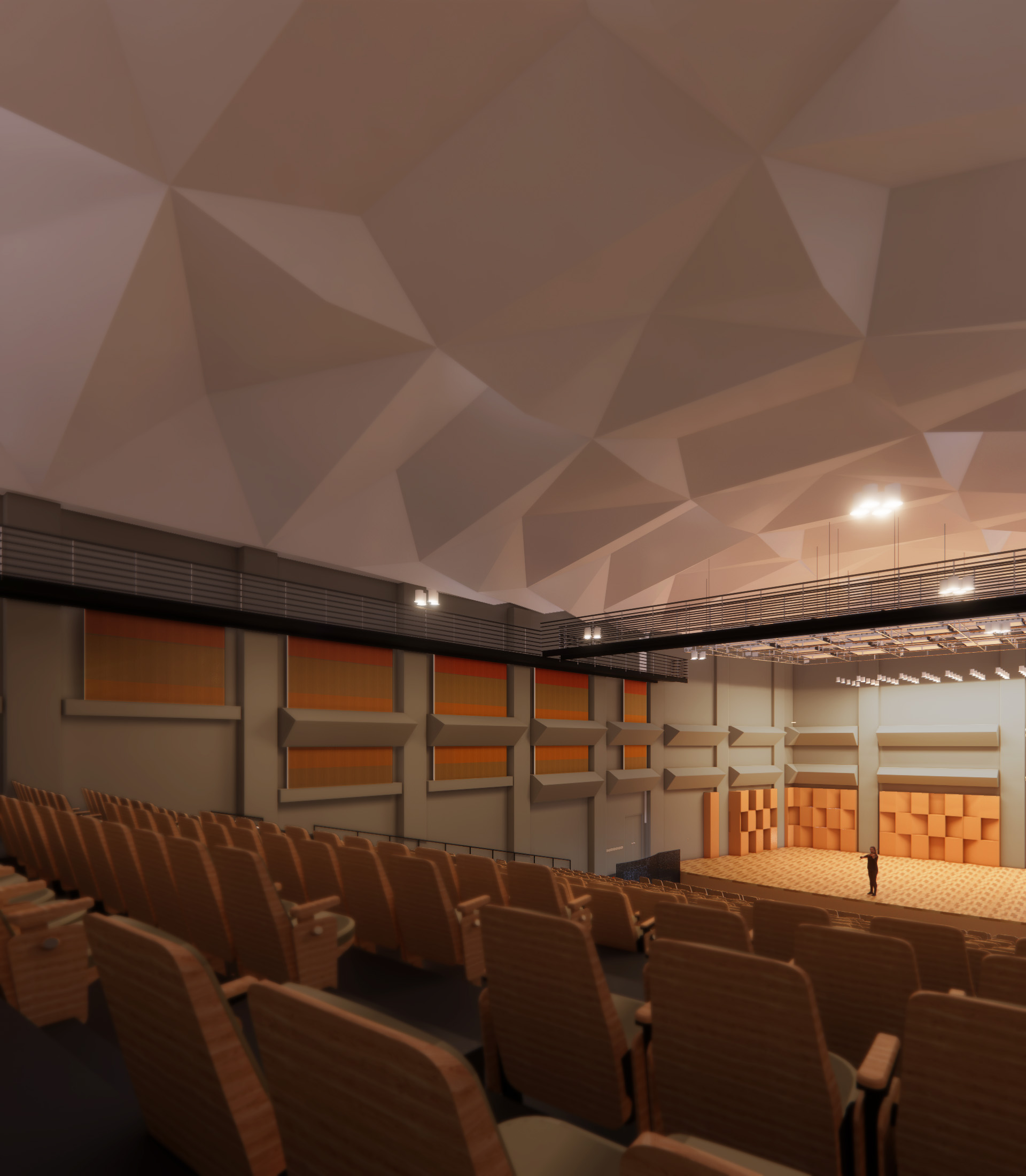 Architectural rendering of renovated Pollack Hall from audience perspective