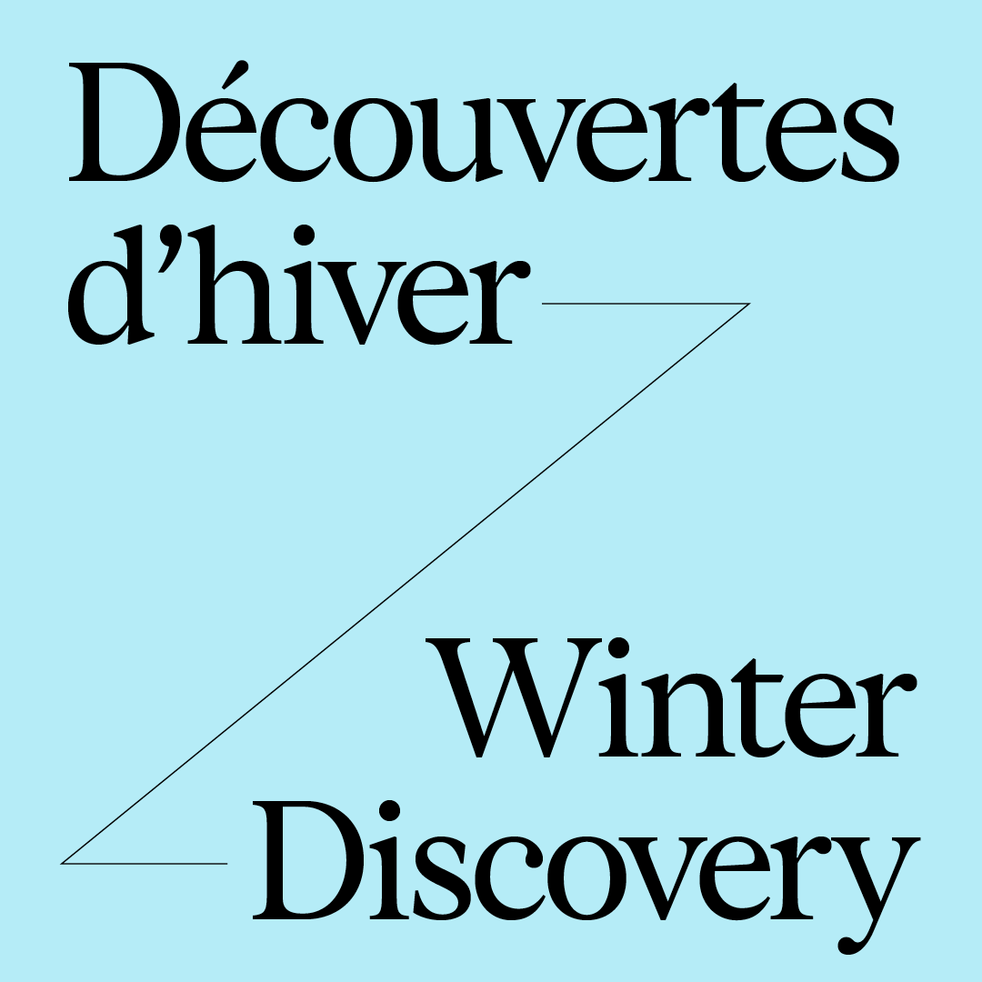 Blue background with text that reads découvertes d'hiver and Winter Discovery