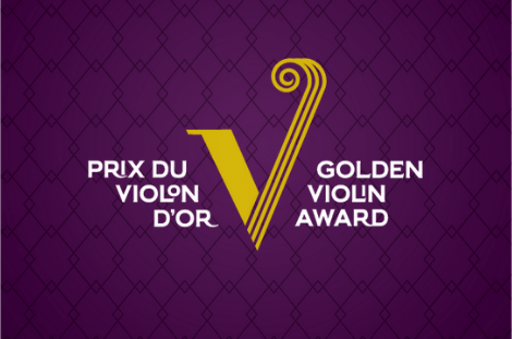 White and gold Golden Violin Award logo with dark purple background